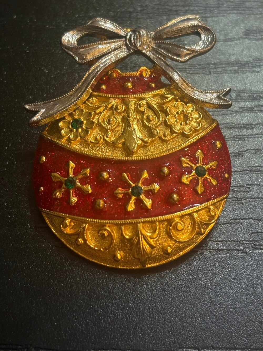 Vintage Christmas Ornament Brooch Gold Red Enamel Pin